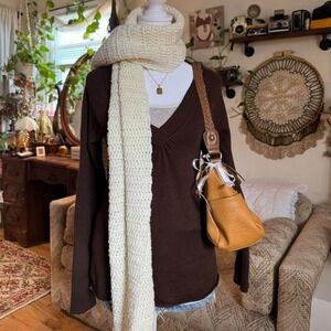 Takeout Chocolate Brown V-Neck Ruched Bust Knit Long Sleeve Sweater Mens Size M